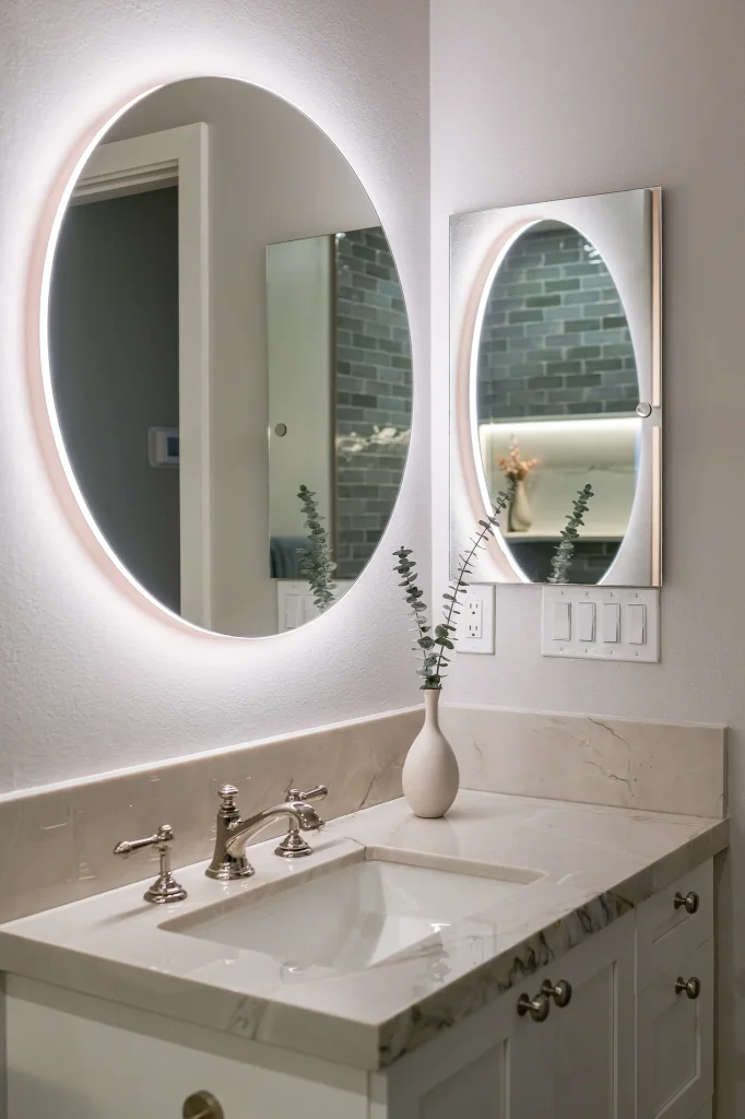 Interior photography showcasing high-end bathroom mirror and lighting finishes.